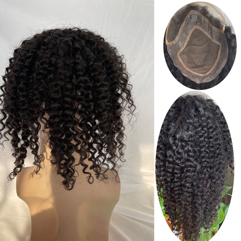 12inch Mens Toupee Human Hair Topper Hairpiece for Men Curly Hair Mono Lace Replacement Wig for Men 10X8inch Kinky Curly Toupee  Natural Color