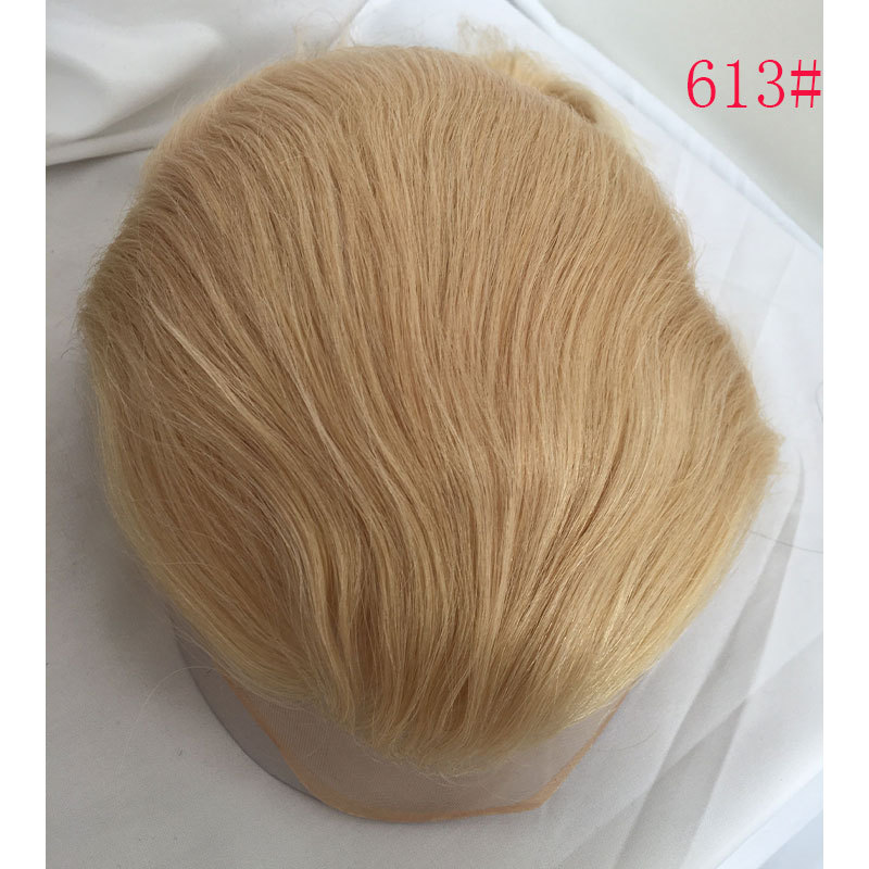 Brown Dark Roots Ombre #60 Platinum Blonde Color Mens Replacement System Toupee Supper Fine Mono with Thin Skin and French Lace Front 10x8