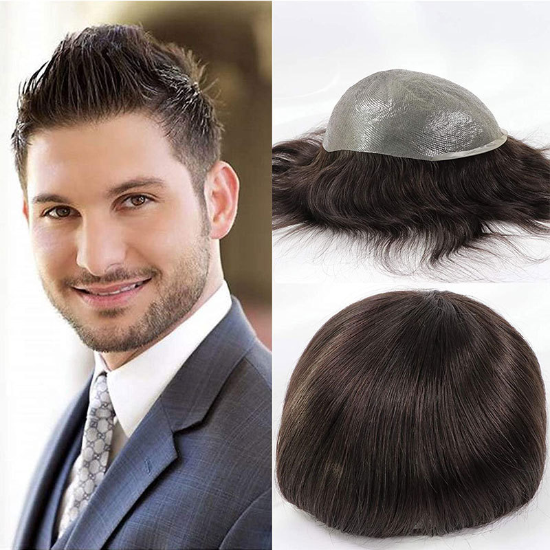 Toupee for Man Ultra Thin Skin PU Men's Hairpiece European Virgin Human Hair Replacement System Pieces 10x8inch #4 Light Brown Color