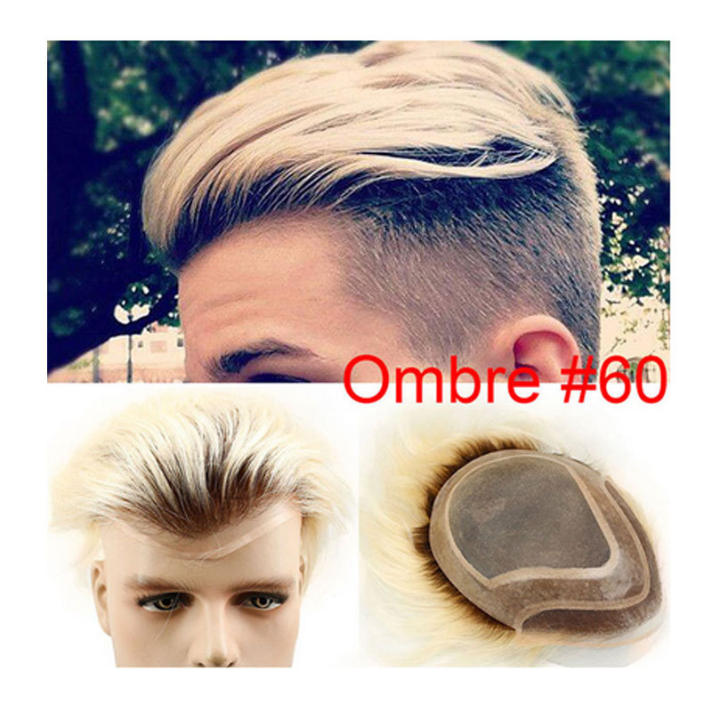 Brown Dark Roots Ombre #60 Platinum Blonde Color Mens Replacement System Toupee Supper Fine Mono with Thin Skin and French Lace Front 10x8