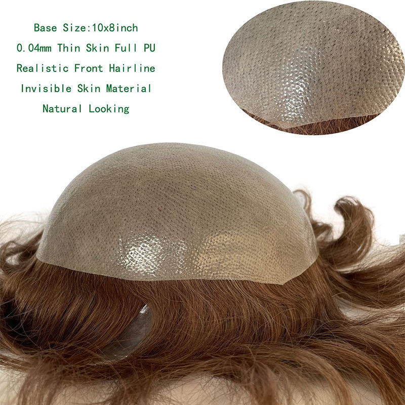 Toupee for Man Ultra Thin Skin PU Men's Hairpiece European Virgin Human Hair Replacement System Pieces 10x8inch #4 Light Brown Color
