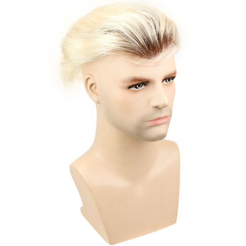 Brown Dark Roots Ombre #60 Platinum Blonde Color Mens Replacement System Toupee Supper Fine Mono with Thin Skin and French Lace Front 10x8