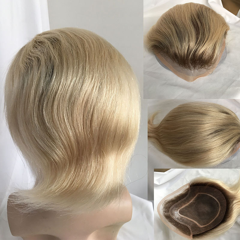 Brown Dark Roots Ombre #60 Platinum Blonde Color Mens Replacement System Toupee Supper Fine Mono with Thin Skin and French Lace Front 10x8
