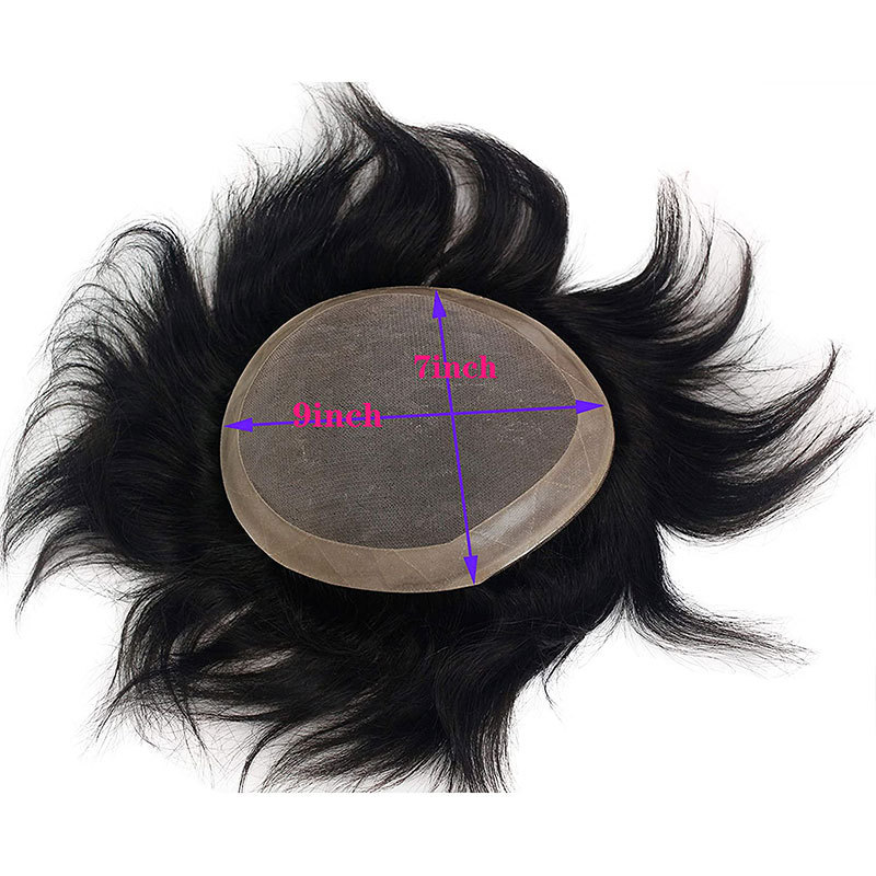 Toupee for Men Human Hair Pieces Fine Mono Lace Top PU Perimeter European Hair Replacement System 9x7inch 1B Color
