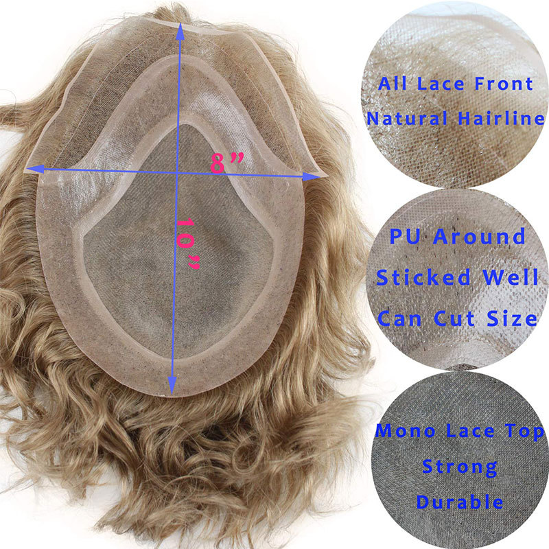 Brown Dark Roots Ombre #60 Platinum Blonde Color Mens Replacement System Toupee Supper Fine Mono with Thin Skin and French Lace Front 10x8