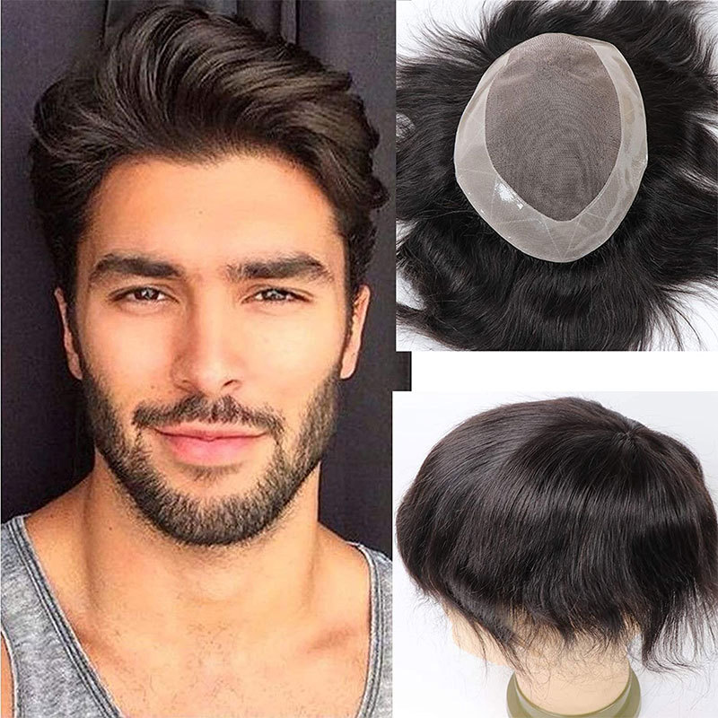 Toupee for Men Human Hair Pieces Fine Mono Lace Top PU Perimeter European Hair Replacement System 9x7inch 1B Color