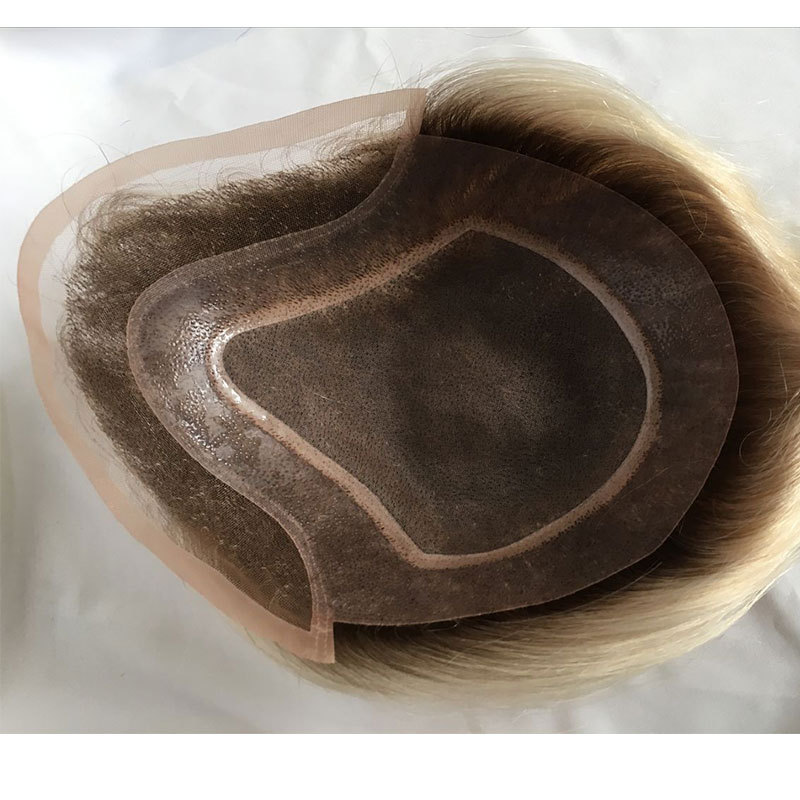 Brown Dark Roots Ombre #60 Platinum Blonde Color Mens Replacement System Toupee Supper Fine Mono with Thin Skin and French Lace Front 10x8