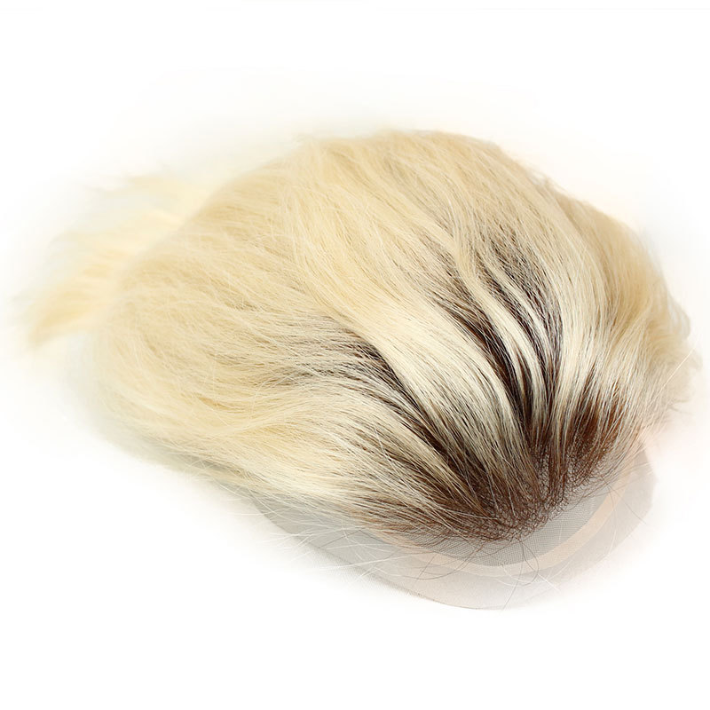 Brown Dark Roots Ombre #60 Platinum Blonde Color Mens Replacement System Toupee Supper Fine Mono with Thin Skin and French Lace Front 10x8