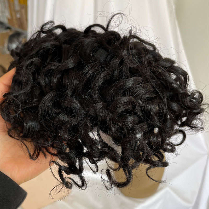 Deep Wavy Human Hair Toupee Curly Mono Lace Skin Around Pu Toupee For Men Wave Replacement System Curly Wigs 10x8inch 1B Color