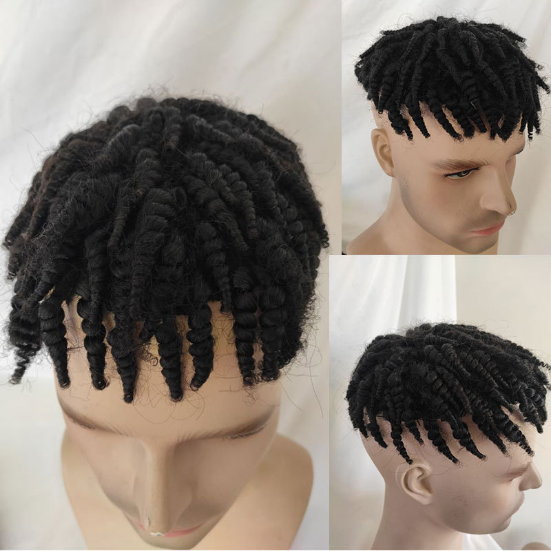 Toupee for Black Men Toupee Hair Afro Curly Toupee 8x10'' PU And Mono Lace System 100% Human Hair With 1B Color Toupee Hairpiece