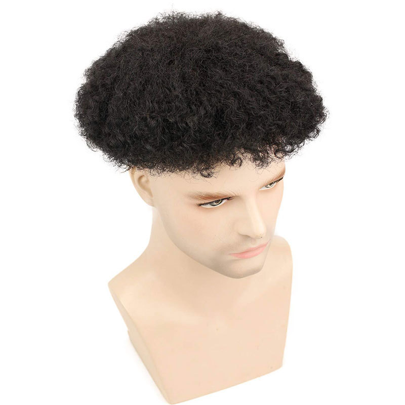 Men Hair Piece Afro Toupee For Men Afro Curl Hair Pieces For Men Afro Kinky Curly Human Hair Replacement System For Men Full PU Toupee