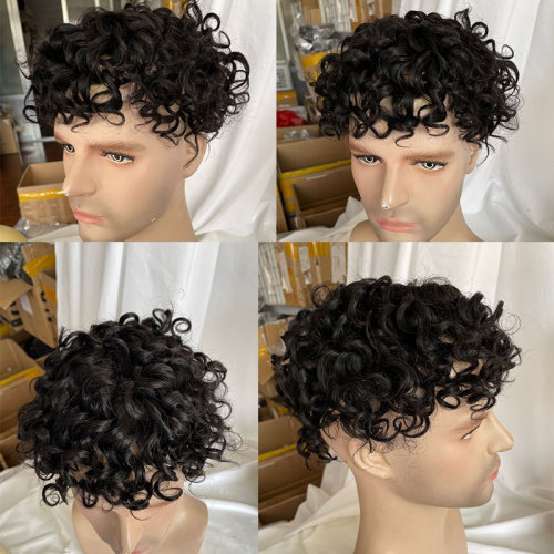 Deep Wavy Human Hair Toupee Curly Mono Lace Skin Around Pu Toupee For Men Wave Replacement System Curly Wigs 10x8inch 1B Color