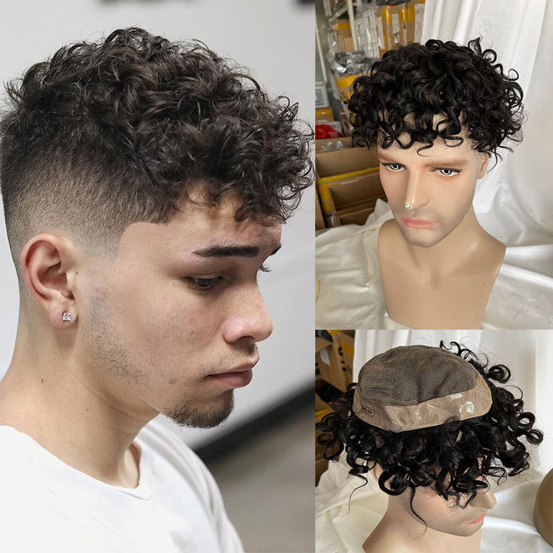 Deep Wavy Human Hair Toupee Curly Mono Lace Skin Around Pu Toupee For Men Wave Replacement System Curly Wigs 10x8inch 1B Color