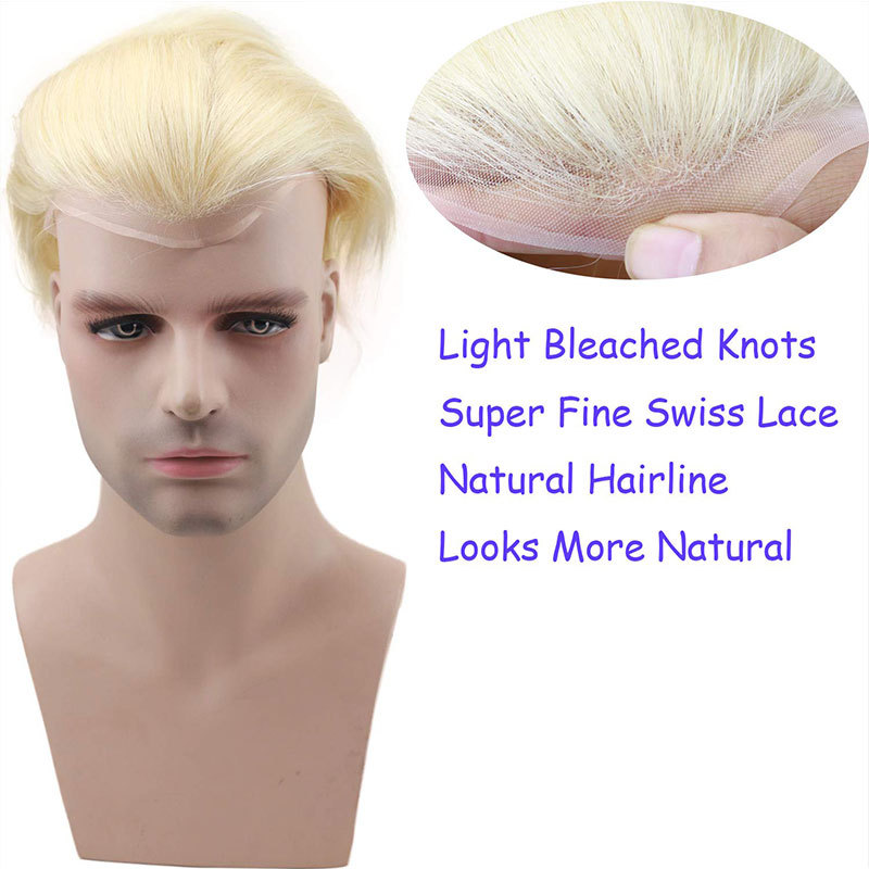 Toupee Supplies Men's Hairpiece Human Hair Toupee Wig Swiss Lace Front with Mono Lace and PU Around Hair Replacement Base Size 8"x10"60# Co