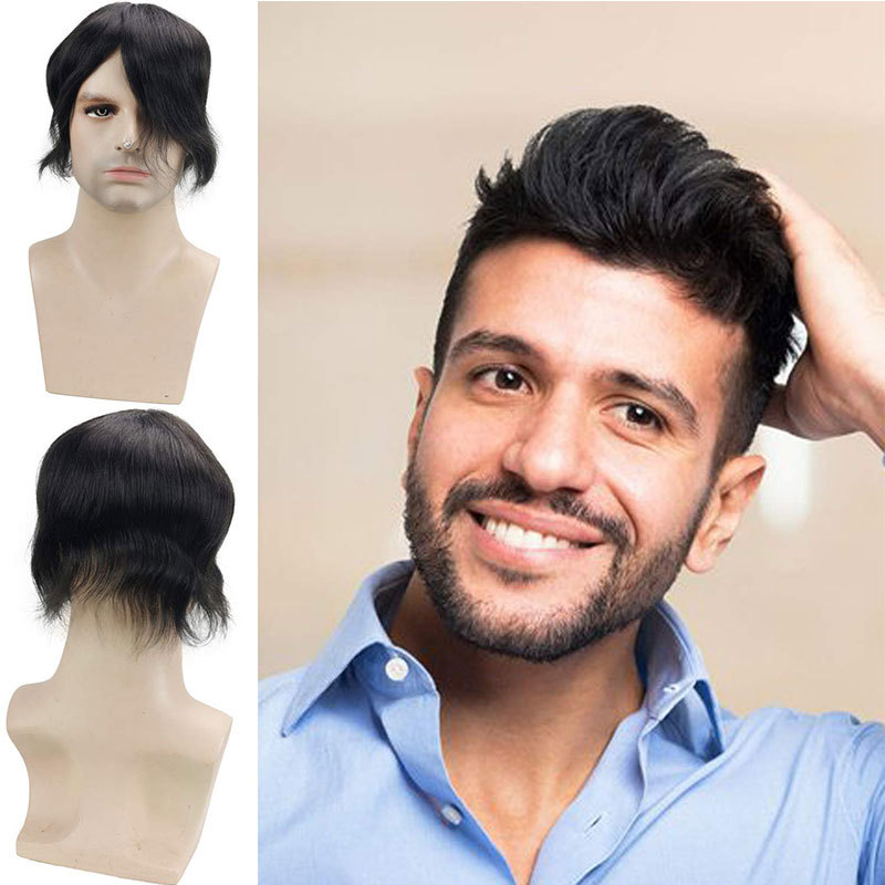Human Hair Toupee for Men Hair Replacement System Breathable Mono Lace Top 8x6inch with PU Perimeter 1B Off Black Color Men's