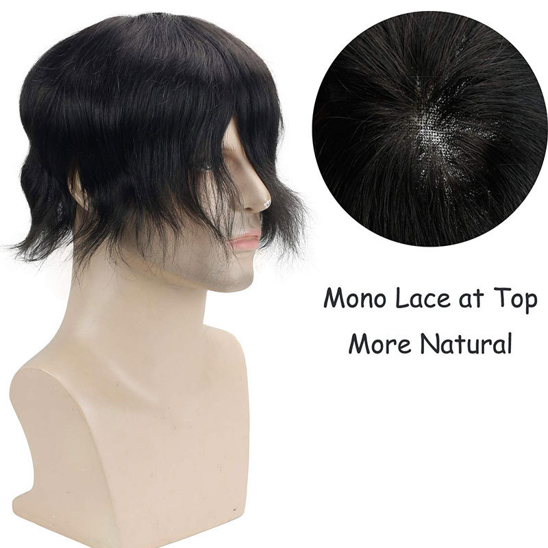 Human Hair Toupee for Men Hair Replacement System Breathable Mono Lace Top 8x6inch with PU Perimeter 1B Off Black Color Men's