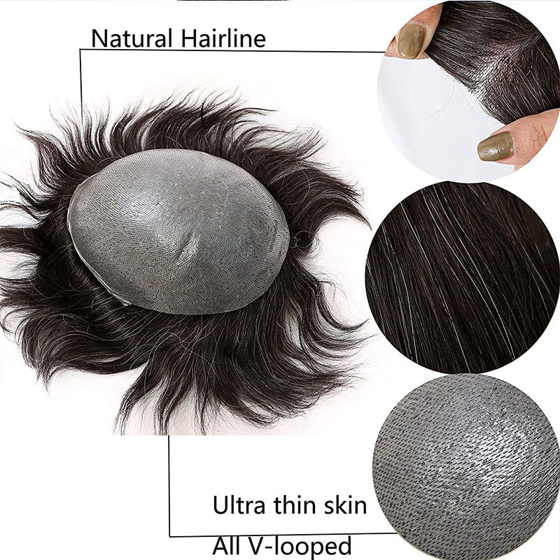 Stock Toupee Men’s Toupee Soft Thin Skin 0.06mm PU 10x8inch Hair Replacement for Men's Hairpiece 100% European Human Hair Pieces for Man 1B Mixed 20