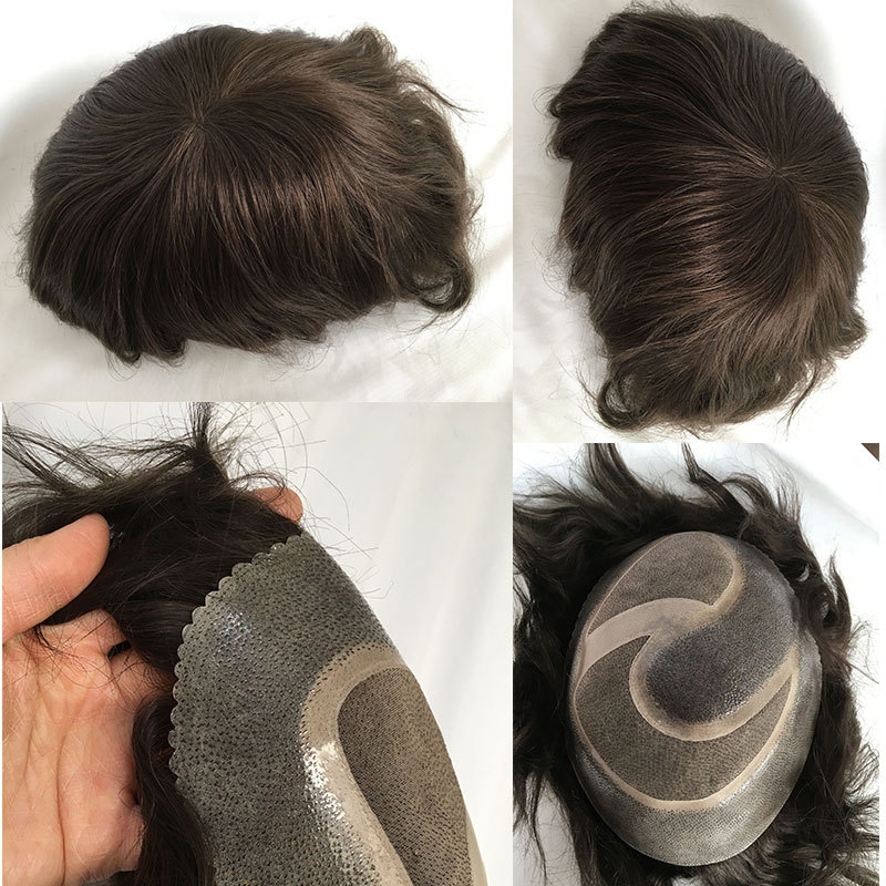 Good Hair Piece Men Hair Toupee Mono NPU Human Hair Wig Indian Human Hair System Straight Hairpiece 10x8Toupee Natural Hairline 3# Dark Brown