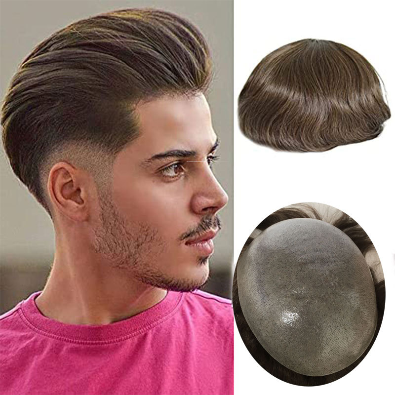 Full Pu 7Inch Medium Density Men Toupee 8x10 Size Brazilian Human Hair Toupee For Men Hair Pieces Thin Skin Base Toupee In Stock 7# Brown Color