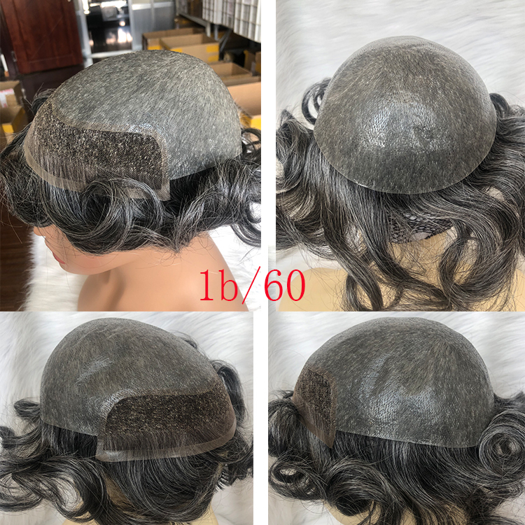 New Hair Wig Men'S Toupee Hairpieces Replacement System For Men PU Base With Frontal Swiss Lace Net 100% European Remy Human Hair 10x8 1B Mixed 80%Gre