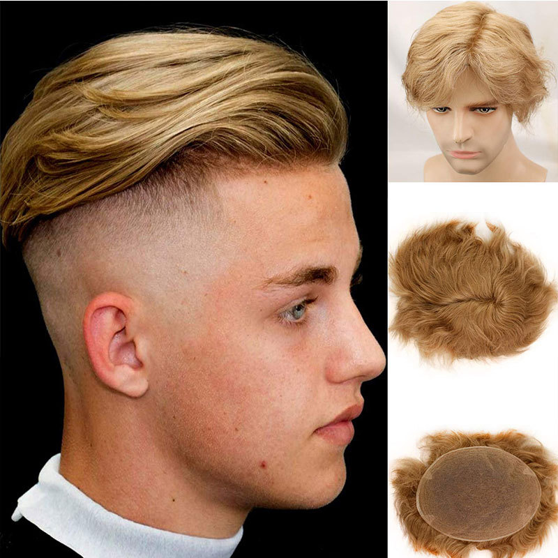 Men's Hair Wig Full Swiss Lace Men Toupee Human Hair Wig Indian Remy Hair System Breathable Men Hairpiece Wave Straight 10X8 Blond 18# Color