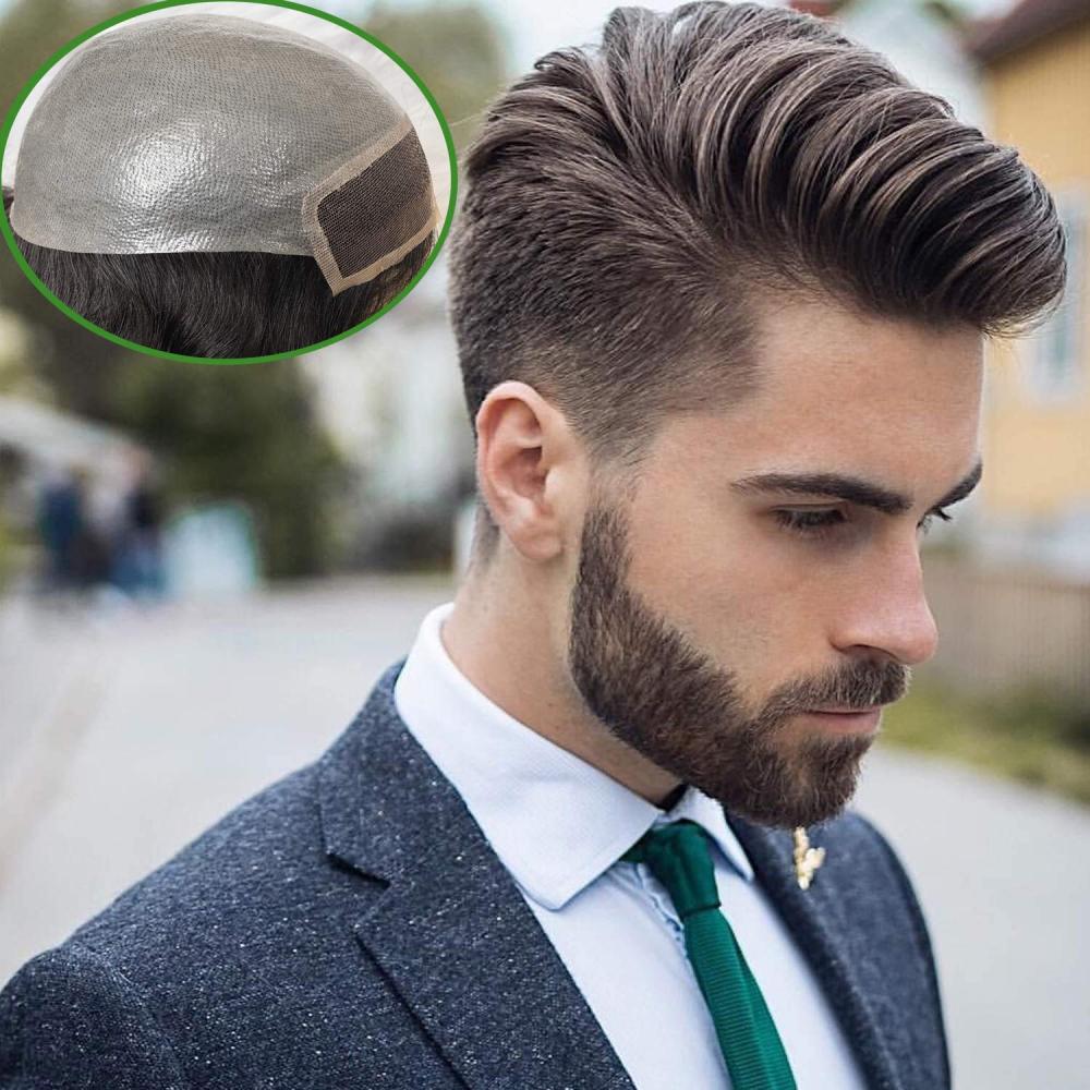 New Hair Wig Men'S Toupee Hairpieces Replacement System For Men PU Base With Frontal Swiss Lace Net 100% European Remy Human Hair 10x8 1B Mixed 80%Gre