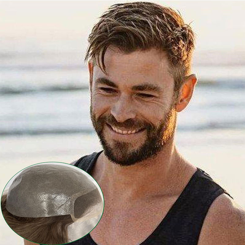 New Hair Wig Men'S Toupee Hairpieces Replacement System For Men PU Base With Frontal Swiss Lace Net 100% European Remy Human Hair 10x8 1B Mixed 80%Gre