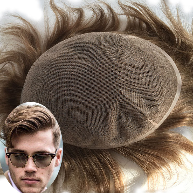 Men's Hair Wig Full Swiss Lace Men Toupee Human Hair Wig Indian Remy Hair System Breathable Men Hairpiece Wave Straight 10X8 Blond 18# Color