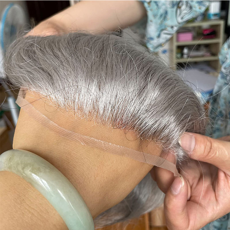 New Hair Wig Men'S Toupee Hairpieces Replacement System For Men PU Base With Frontal Swiss Lace Net 100% European Remy Human Hair 10x8 1B Mixed 80%Gre