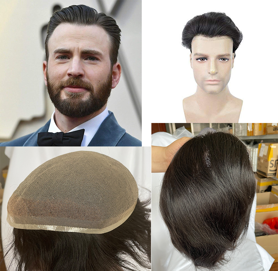 Men's Hair Wig Full Swiss Lace Men Toupee Human Hair Wig Indian Remy Hair System Breathable Men Hairpiece Wave Straight 10X8 Blond 18# Color