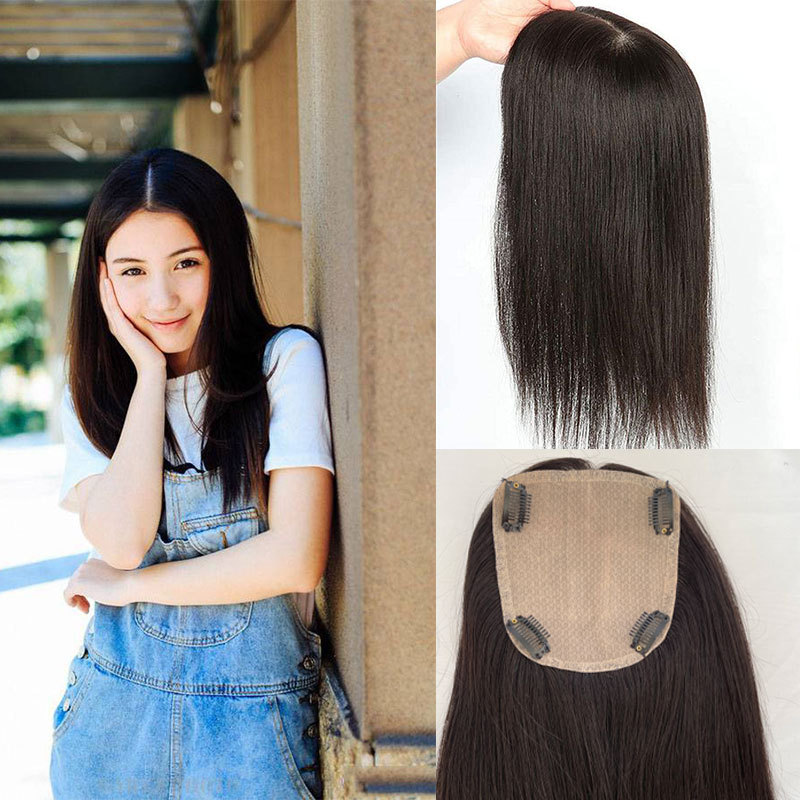 Skin Base Human Hair Topper With Clips In Silk Top Virgin European Hair Toupee for Women Fine Hairpiece 13X15cm Silk Base Closure