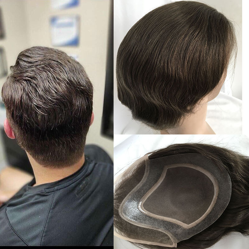 Color #4 Men's Toupee Human Hair Hairpieces for Men 10×8 inch Thin Skin Hair Replacement System Monofilament Net Base