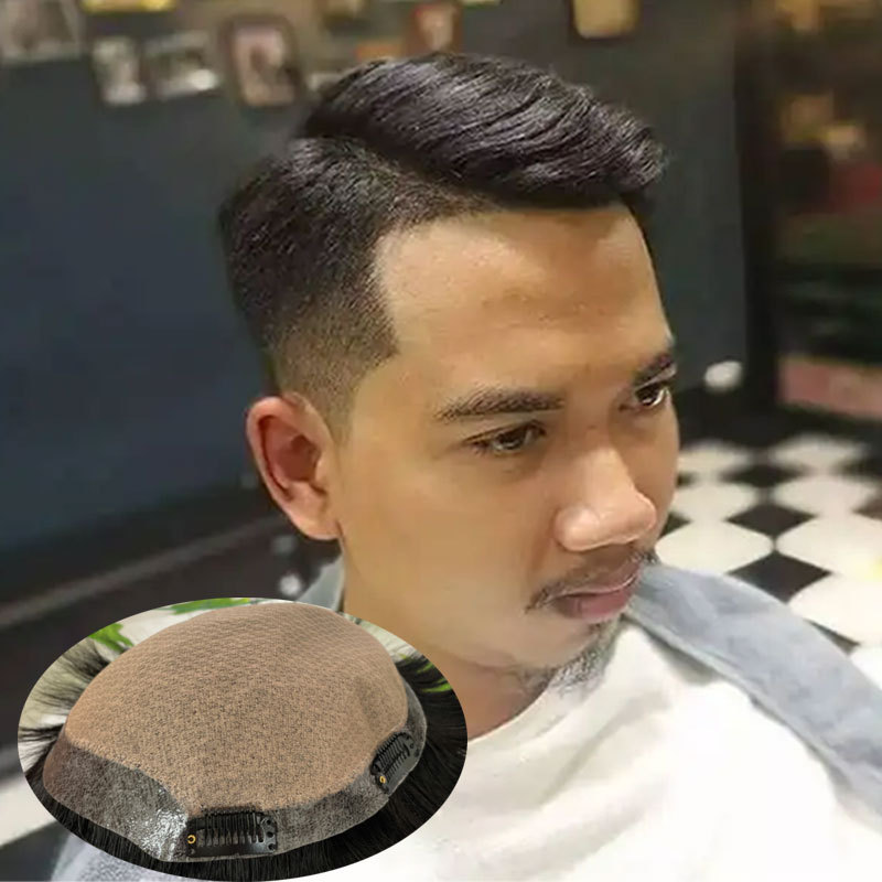 Cut About 3inch Silk Base Toupee For Men Hair Piece Toupee 130%Density Men Wigs Human Hair Toupee Silk Base Clip 1B