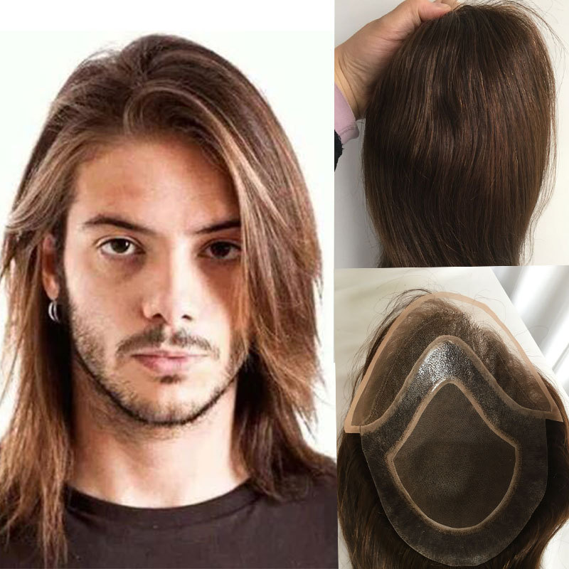 12" Long Mens Toupee Hairpiece Mono Lace With PU Replacement Men Toupee Wig Straight Brazilian Remy Human Hair 10" x 8" Toupees