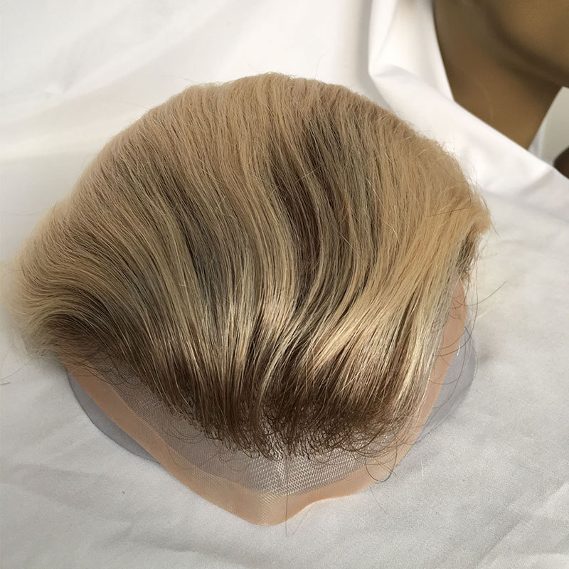 100%European Human Hair WigsToupee for Men Hair Pieces Men's Toupee Super Thin Mono Lace with PU Around Ombre Blonde 60 Color10" x 8" Toupee