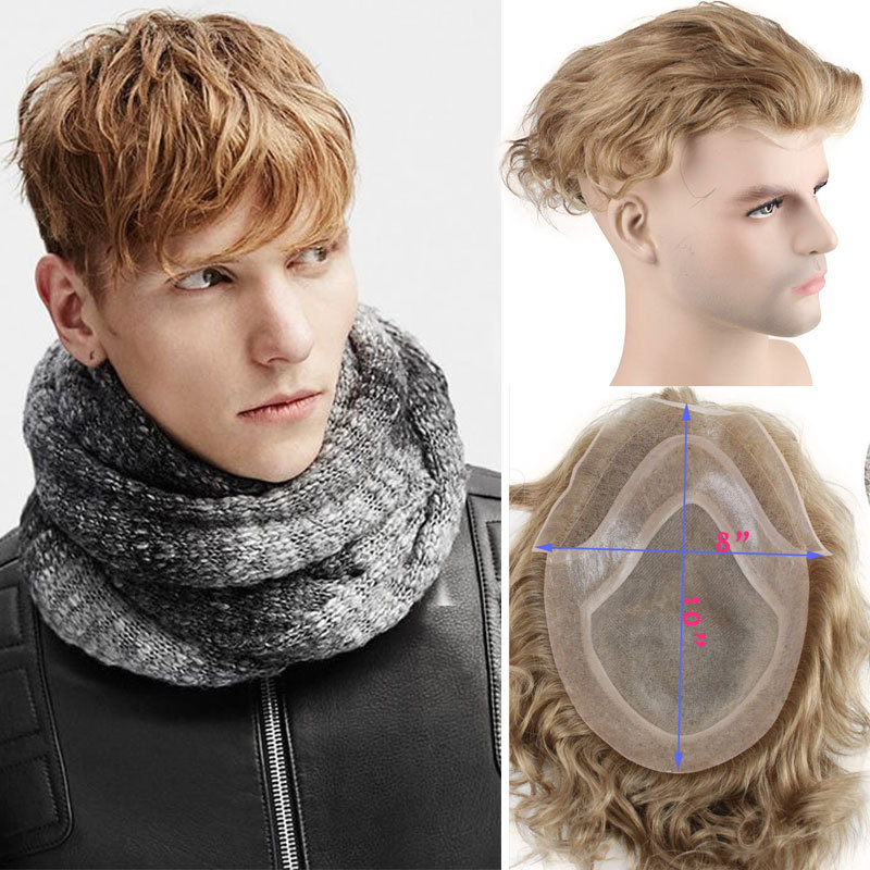 100%European Human Hair WigsToupee for Men Hair Pieces Men's Toupee Super Thin Mono Lace with PU Around Ombre Blonde 60 Color10" x 8" Toupee