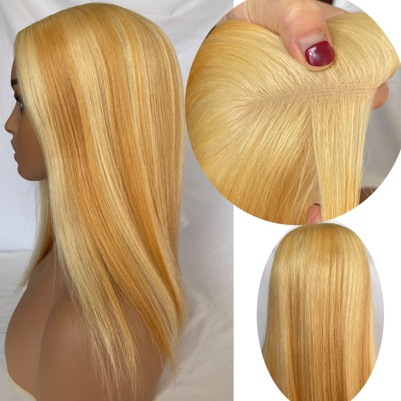 Straight Silk Base Human Hair Topper Middle Part Silk Base Closure Clip In Top Hair pieces For Women Toupee 27Piano613 Color 4.7x5inch