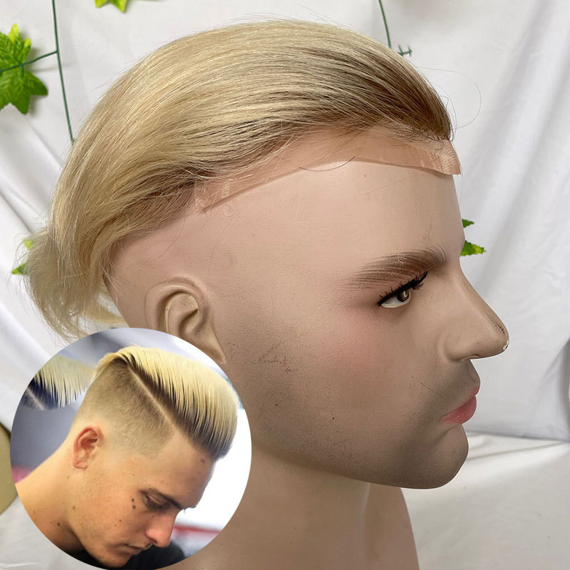 100%European Human Hair WigsToupee for Men Hair Pieces Men's Toupee Super Thin Mono Lace with PU Around Ombre Blonde 60 Color10" x 8" Toupee