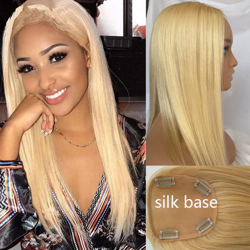 Straight Silk Base Human Hair Topper Middle Part Silk Base Closure Clip In Top Hair pieces For Women Toupee 27Piano613 Color 4.7x5inch