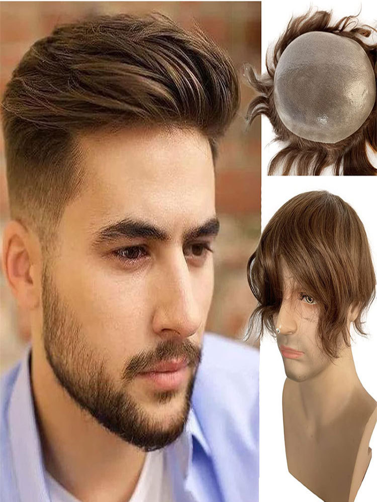 Human Hair Color 4 Men's Toupee 10x8 All PU Around Durable Thin Skin Hair Repacement Brazilian Remy Hair Wigs For Men