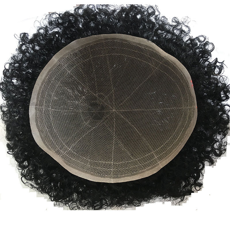 Men Hair Piece Afro Toupee For Men Afro Curl Hair Pieces For Men Afro Kinky Curly Human Hair Replacement System For Men Full PU Toupee