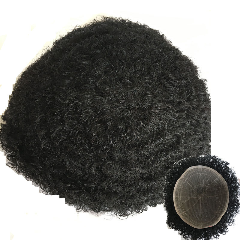 Q6 Men's Hair Afro Men's Toupee Wig 360 Wave Hairpiece 100% Human Hair Replacement Toupee for African American 10x8 Base Size1B Black Color
