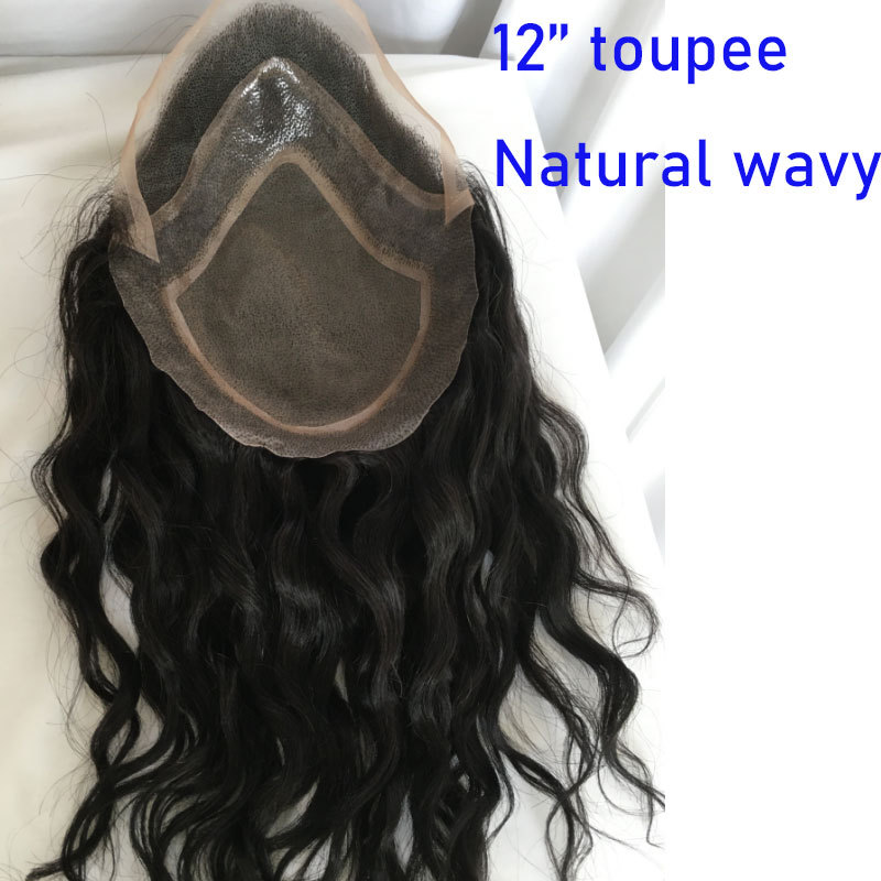 Kinky Straight 12 Inch Long Human Hair Toupee for Men 10”x8” Hairpieces 100% Human Hair Men’s Toupee Mono Net with PU around Natural Color