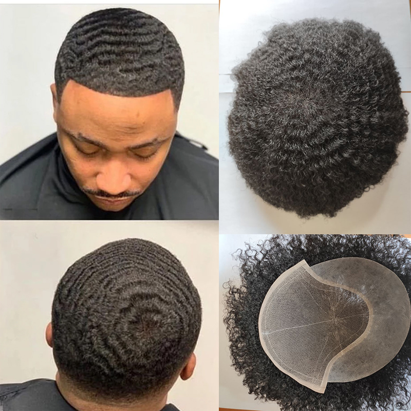 Men Hair Piece Afro Toupee For Men Afro Curl Hair Pieces For Men Afro Kinky Curly Human Hair Replacement System For Men Full PU Toupee