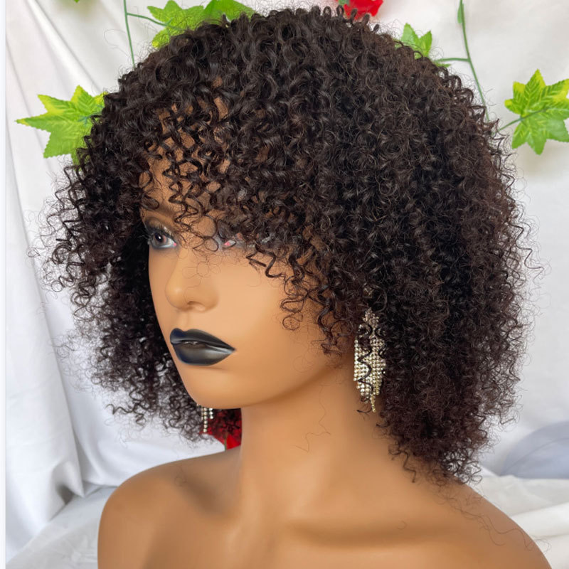 Voloriahair Curly Afro Wig with Bangs Full Machine Made Scalp Top Wig Kinky Curly Wigs for Black Women 100% Human Hair Short Curly Afro Wig 180%Densit