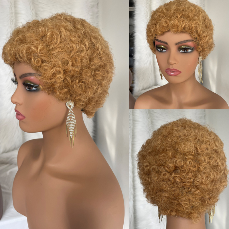 Voloriahair Short Bob Wig Kinky Curly Human Hair Curly BOB Wigs Machine Made Pixie Cut Wig Blonde 27# Color Short Bob For Women