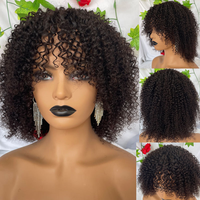 Voloriahair Curly Afro Wig with Bangs Full Machine Made Scalp Top Wig Kinky Curly Wigs for Black Women 100% Human Hair Short Curly Afro Wig 180%Densit