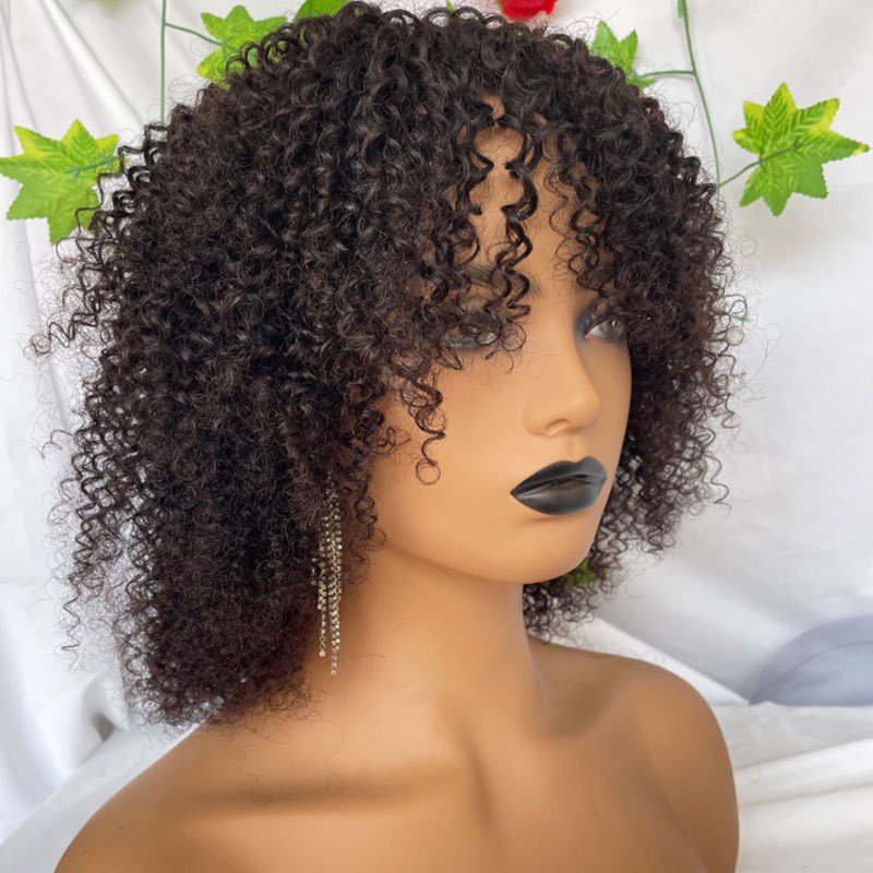 Voloriahair Curly Afro Wig with Bangs Full Machine Made Scalp Top Wig Kinky Curly Wigs for Black Women 100% Human Hair Short Curly Afro Wig 180%Densit