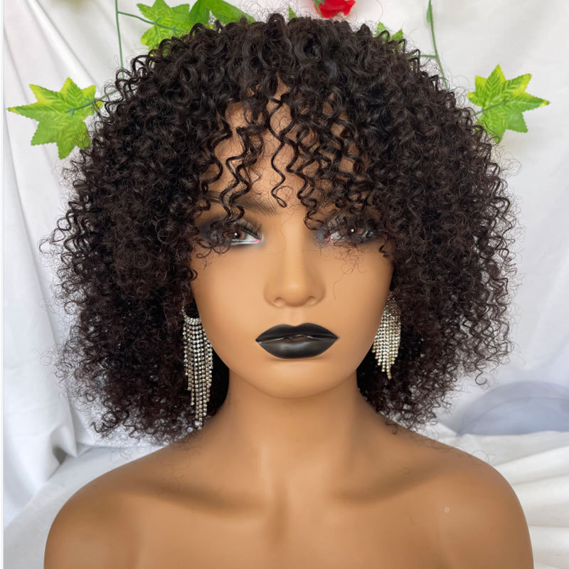 Voloriahair Curly Afro Wig with Bangs Full Machine Made Scalp Top Wig Kinky Curly Wigs for Black Women 100% Human Hair Short Curly Afro Wig 180%Densit