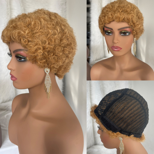 Voloriahair Short Bob Wig Kinky Curly Human Hair Curly BOB Wigs Machine Made Pixie Cut Wig Blonde 27# Color Short Bob For Women
